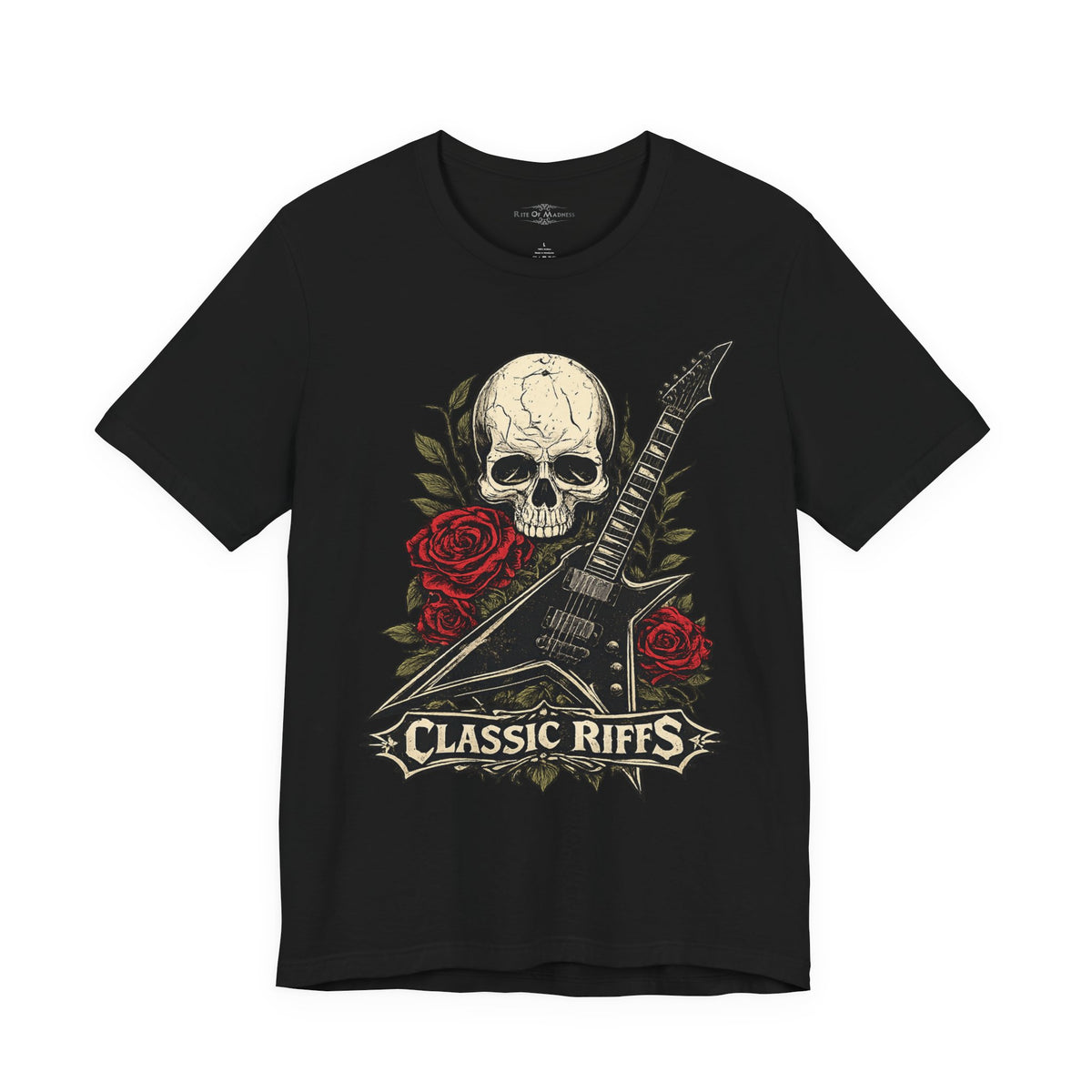 Classic Riffs | Vintage Skull & Roses Rock Guitar Graphic T-Shirt