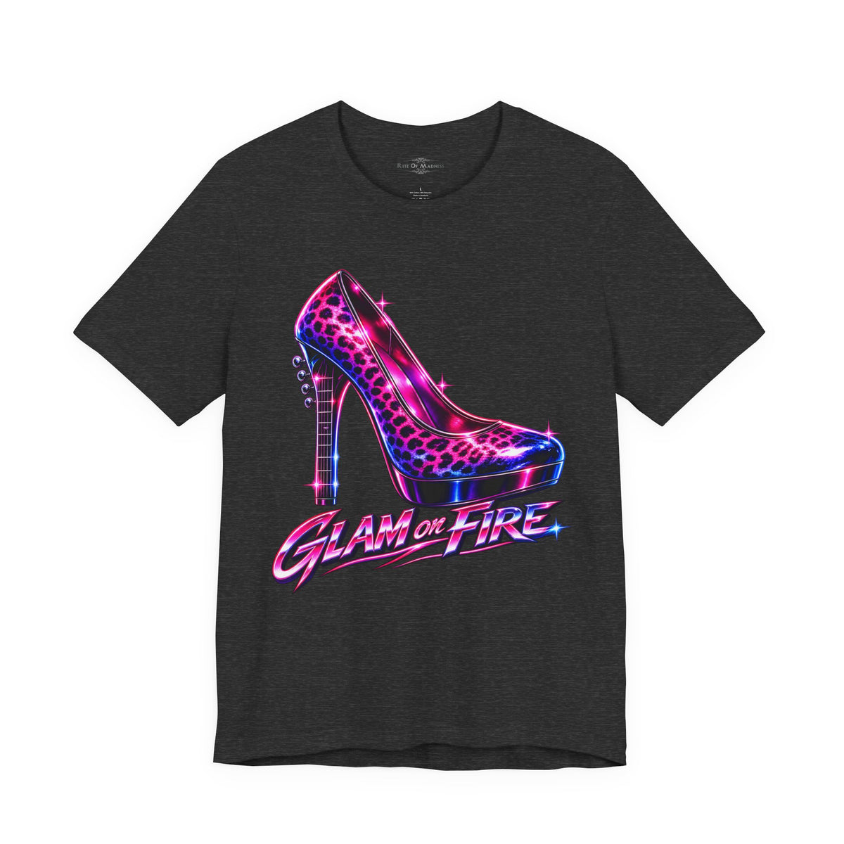 Glam on Fire | Leopard Print High Heel T-Shirt | Women's 80s Glam Rock Graphic Tee