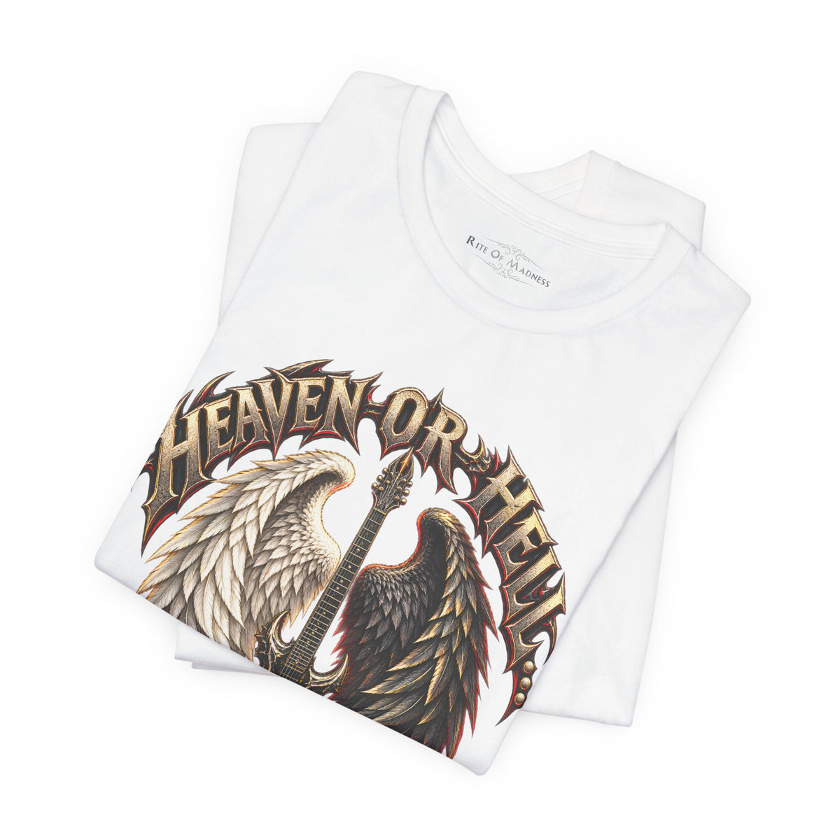 Heaven or Hell There Will Be Rock T-Shirt | Angel Wings Gothic Guitar Heavy Metal Graphic Tee