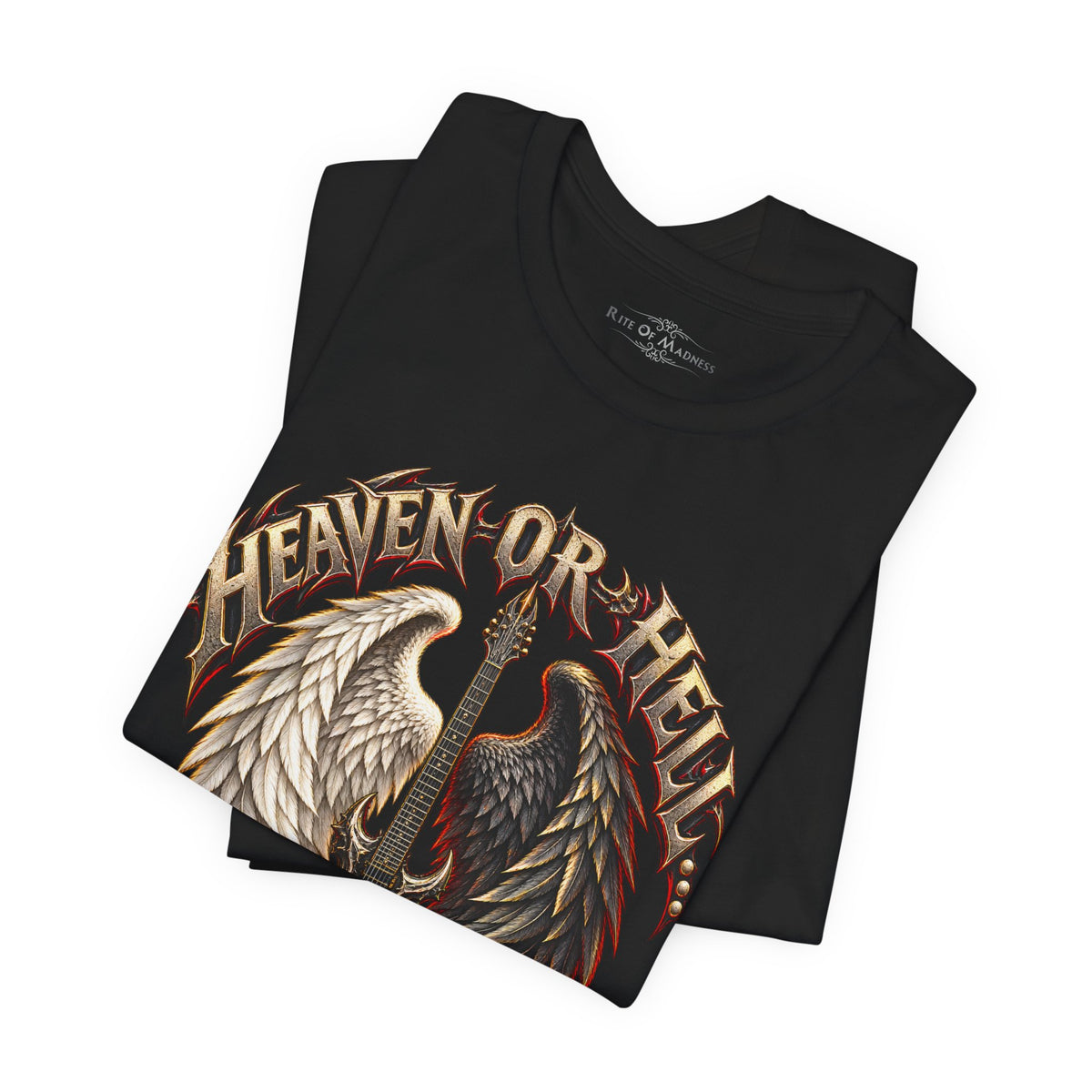 Heaven or Hell There Will Be Rock T-Shirt | Angel Wings Gothic Guitar Heavy Metal Graphic Tee
