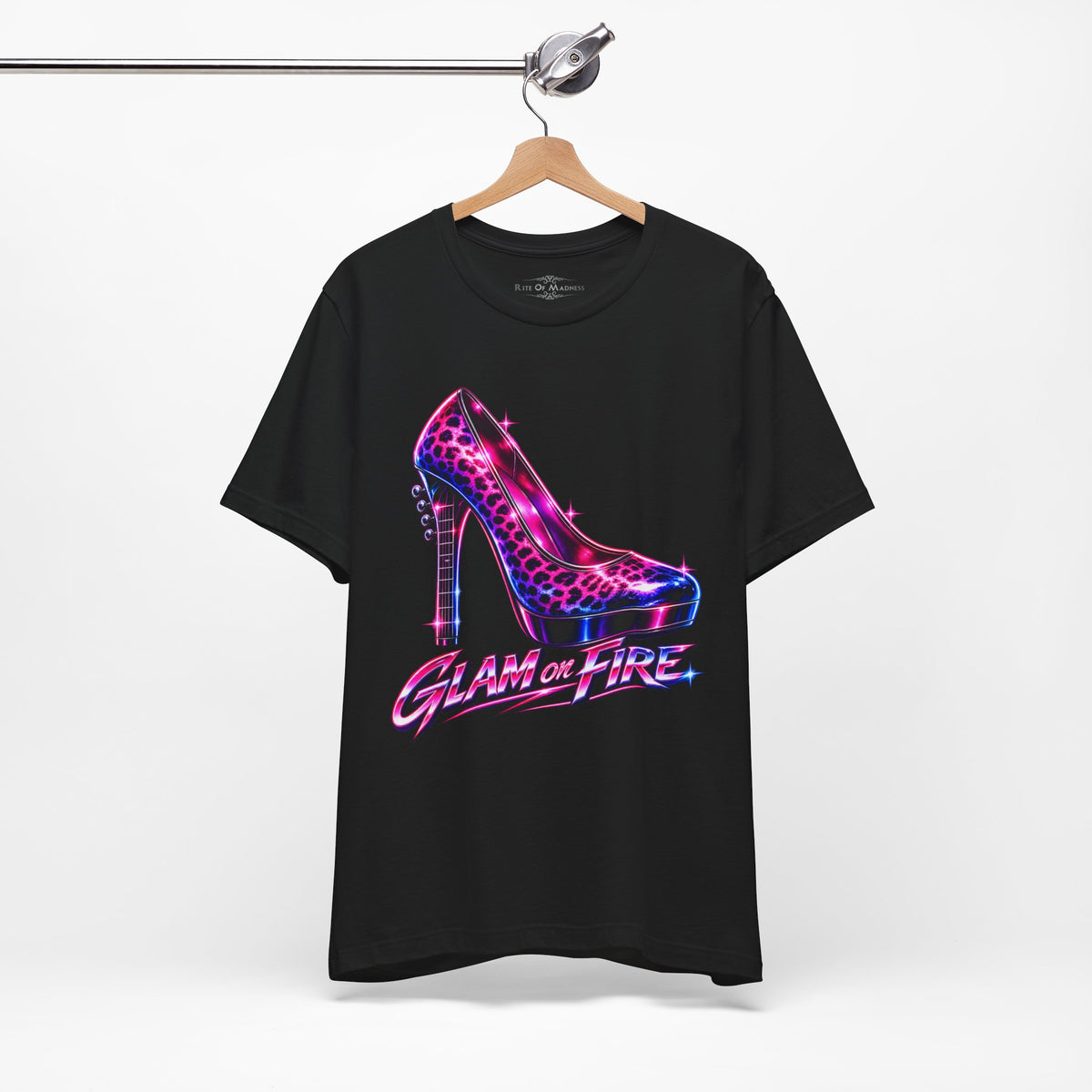 Glam on Fire | Leopard Print High Heel T-Shirt | Women's 80s Glam Rock Graphic Tee
