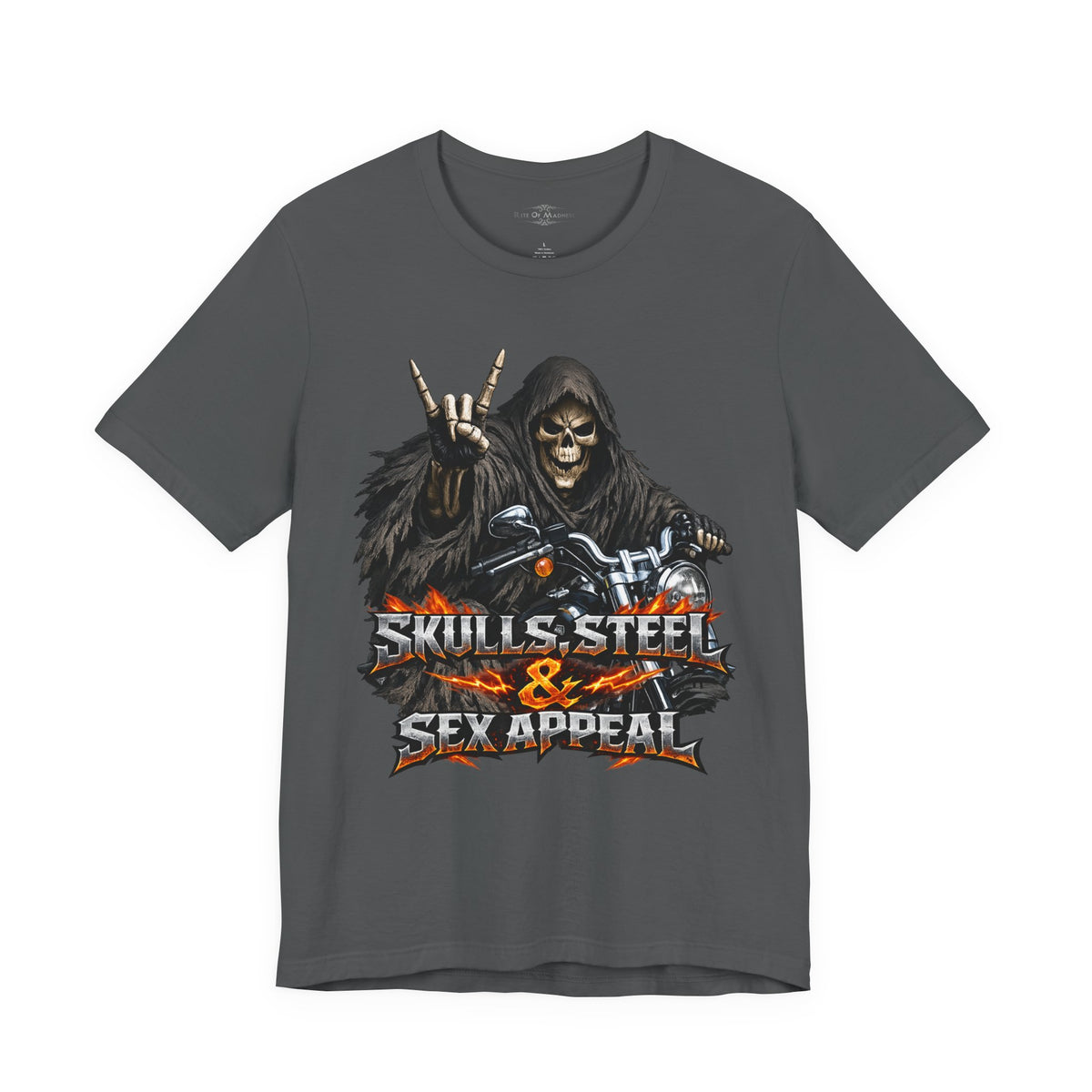 Skulls Steel & Sex Appeal Grim Reaper Biker T-Shirt | Heavy Metal Motorcycle Graphic Tee