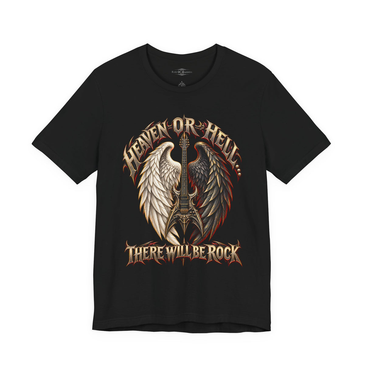 Heaven or Hell There Will Be Rock T-Shirt | Angel Wings Gothic Guitar Heavy Metal Graphic Tee