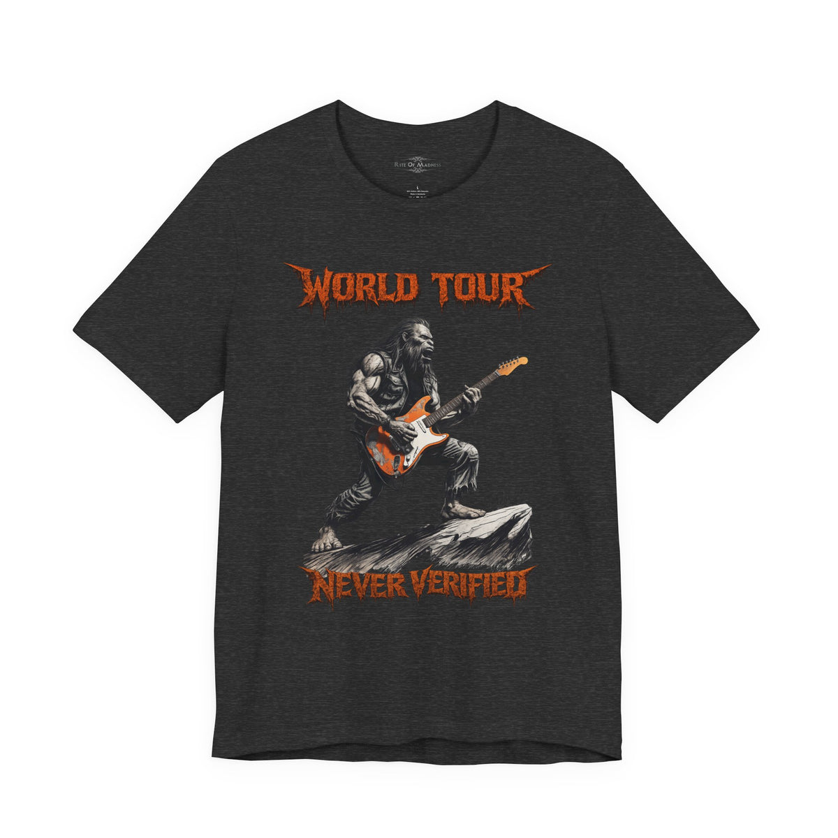 Bigfoot Rock Guitar T-Shirt | World Tour Never Verified | Sasquatch Graphic Tee