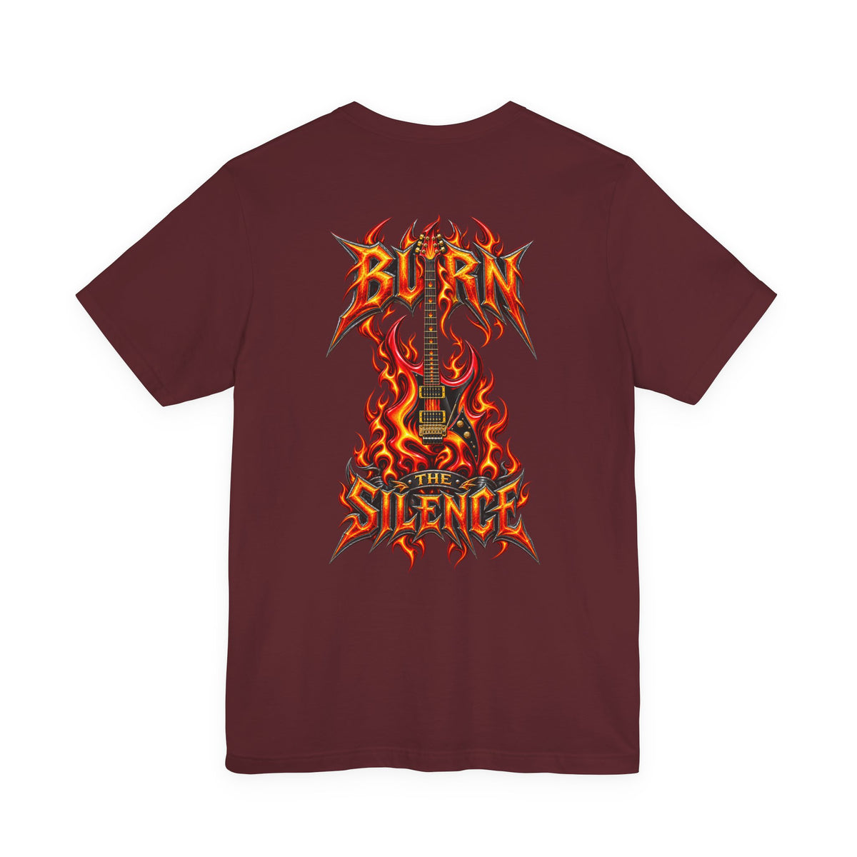Burn the Silence | Flaming Electric Guitar Heavy Metal T-Shirt | Front & Back
