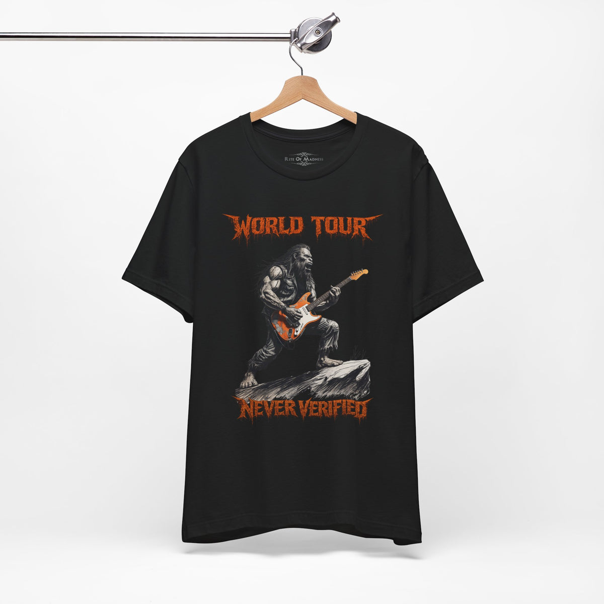 Bigfoot Rock Guitar T-Shirt | World Tour Never Verified | Sasquatch Graphic Tee