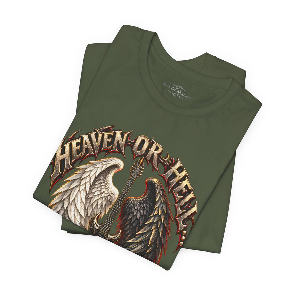 Heaven or Hell There Will Be Rock T-Shirt | Angel Wings Gothic Guitar Heavy Metal Graphic Tee