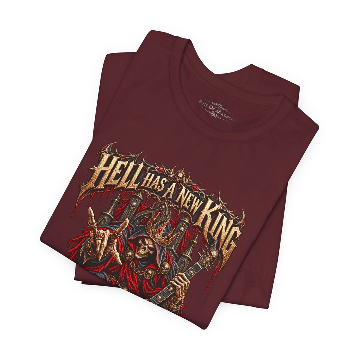 Hell Has a New King T-Shirt | Heavy Metal Skeleton Guitarist | Gothic Horror Rock Graphic Tee | Unisex Shirt
