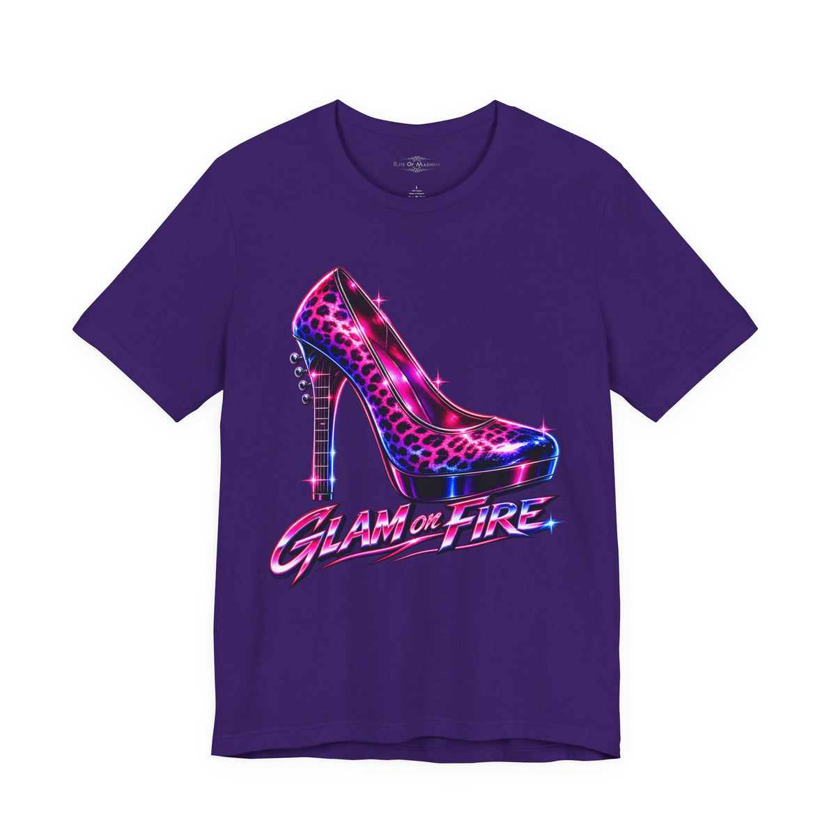 Glam on Fire | Leopard Print High Heel T-Shirt | Women's 80s Glam Rock Graphic Tee