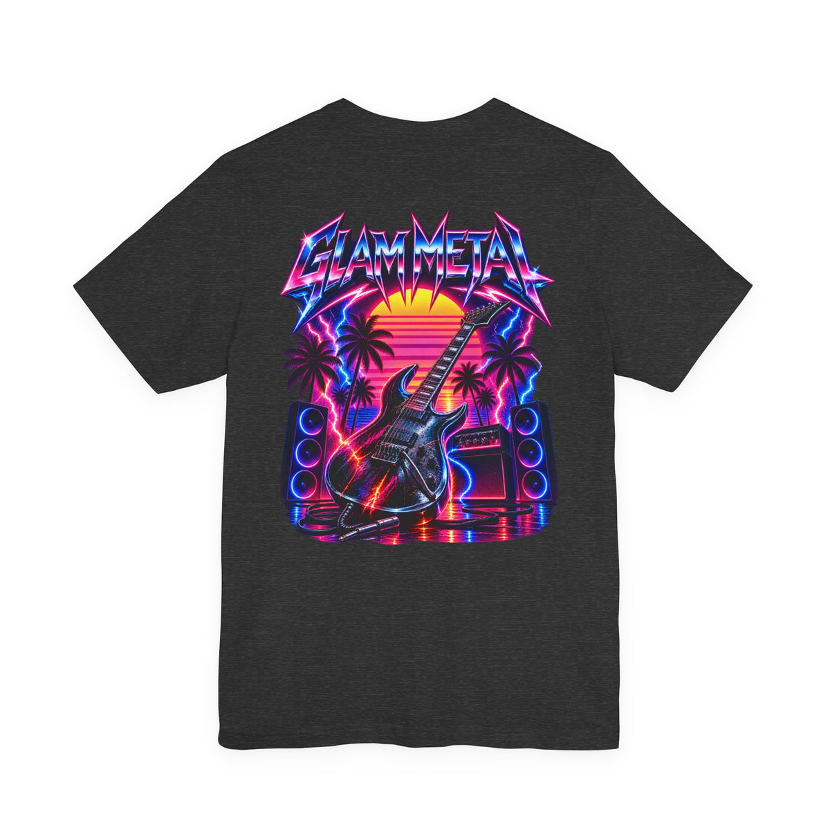 Glam Metal | Retro 80s Sunset Electric Guitar T-Shirt | Front & Back Rock Graphic Tee