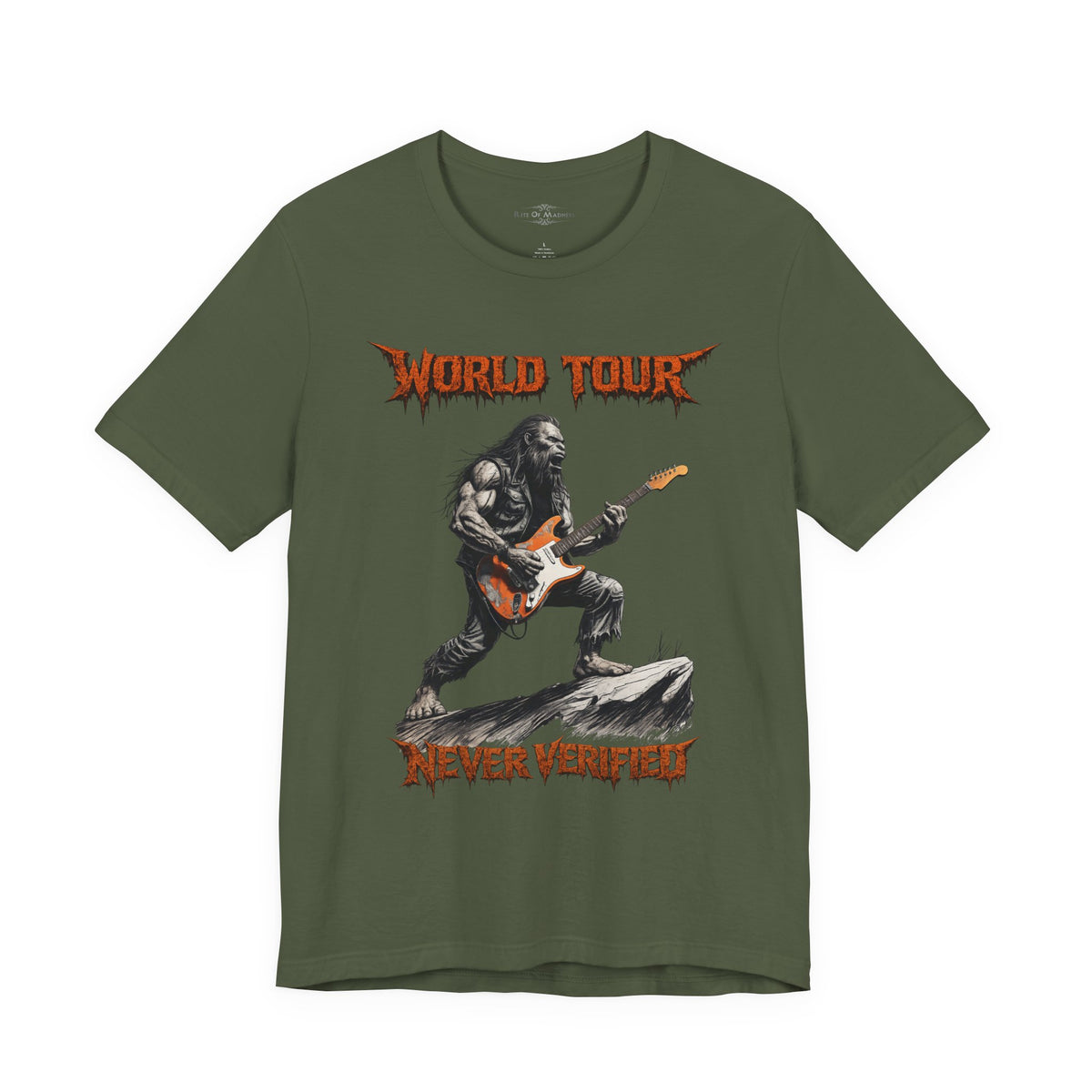 Bigfoot Rock Guitar T-Shirt | World Tour Never Verified | Sasquatch Graphic Tee