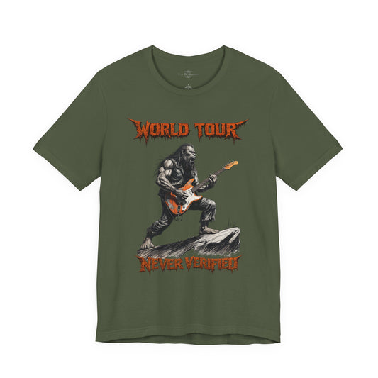 Bigfoot Rock Guitar T-Shirt | World Tour Never Verified | Sasquatch Graphic Tee