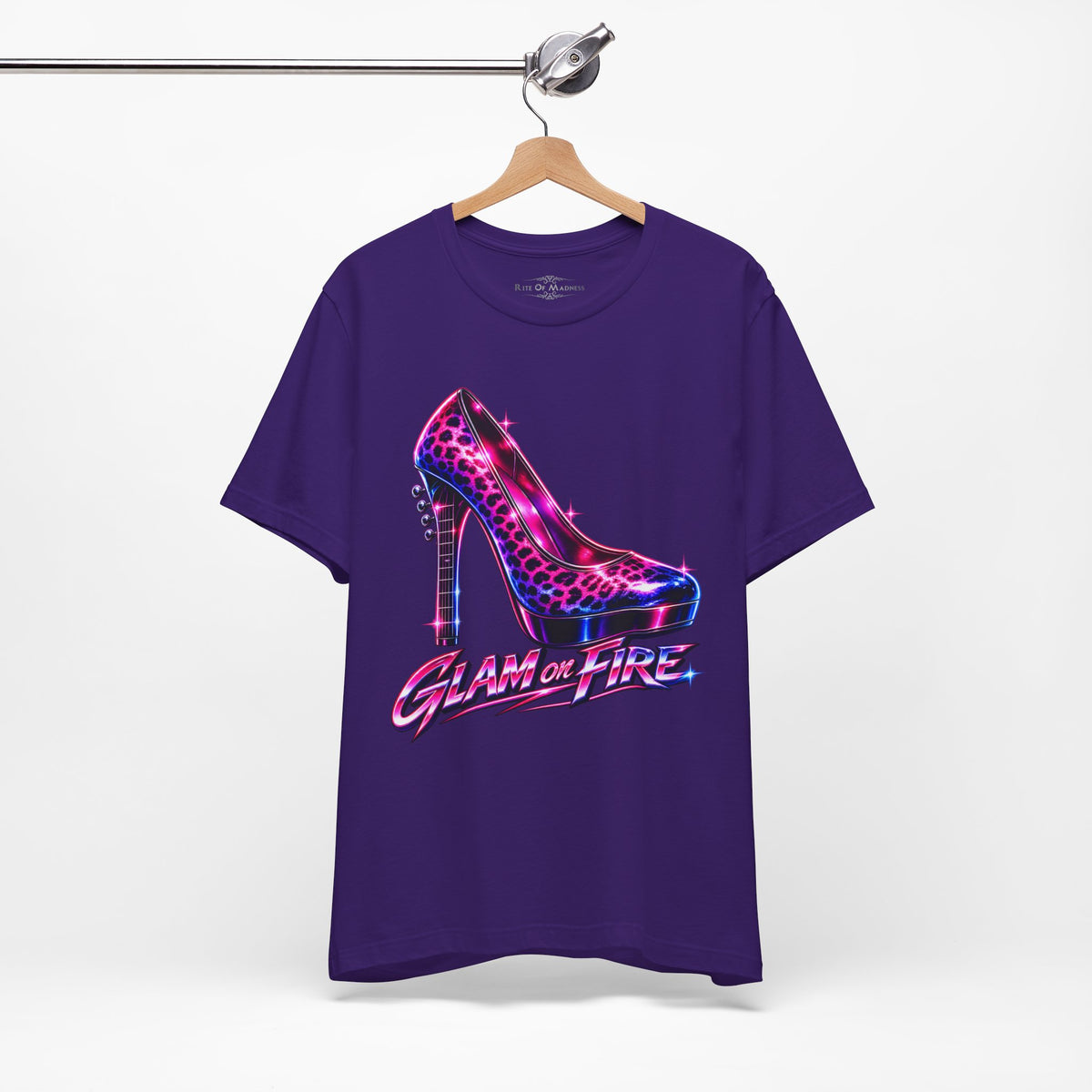 Glam on Fire | Leopard Print High Heel T-Shirt | Women's 80s Glam Rock Graphic Tee