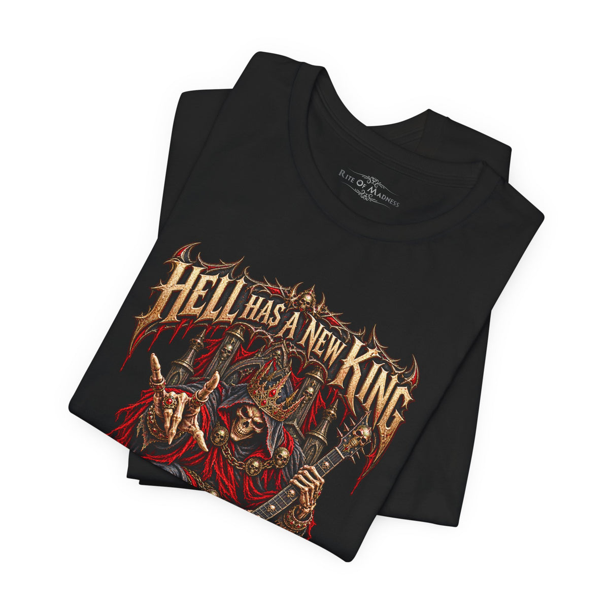 Hell Has a New King T-Shirt | Heavy Metal Skeleton Guitarist | Gothic Horror Rock Graphic Tee | Unisex Shirt