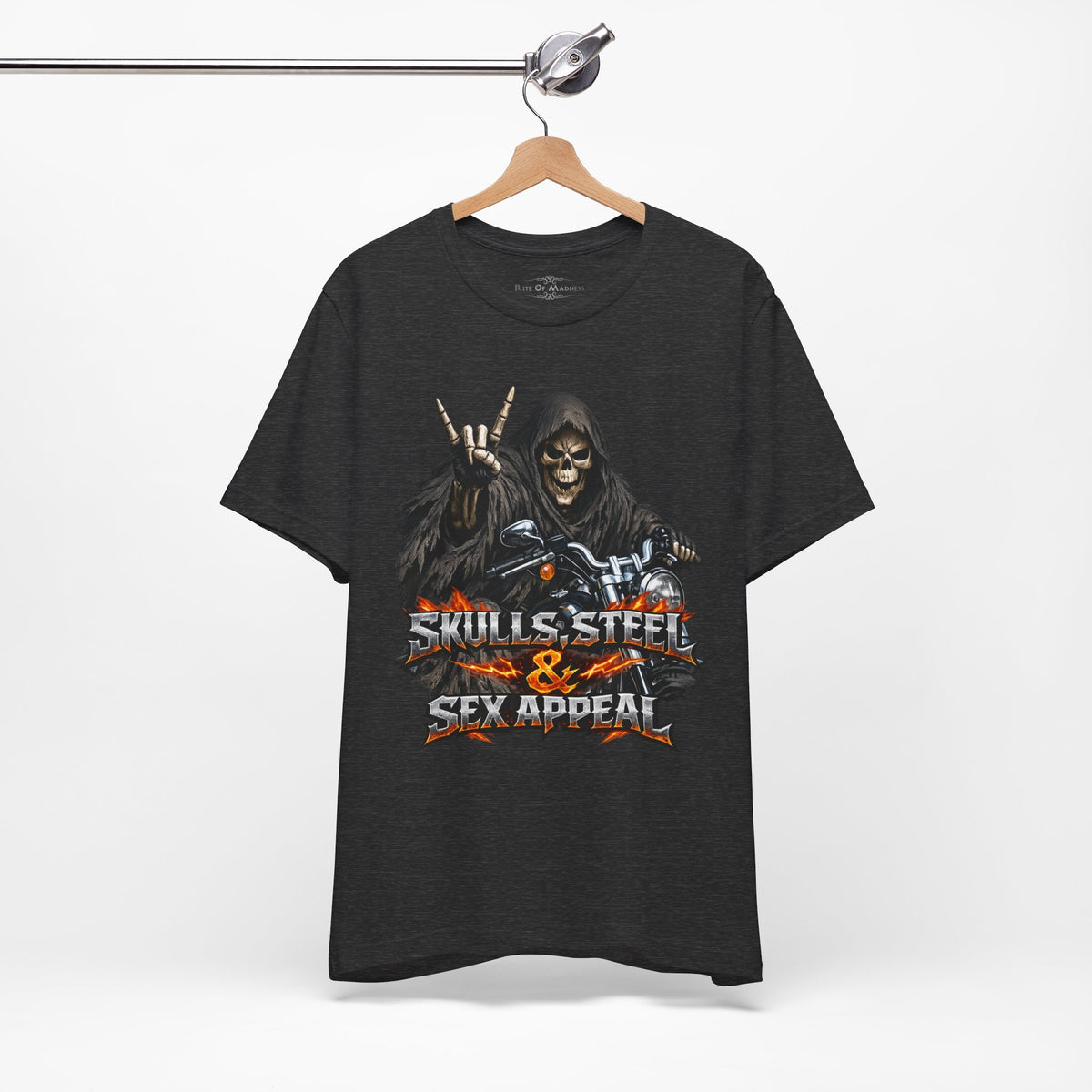 Skulls Steel & Sex Appeal Grim Reaper Biker T-Shirt | Heavy Metal Motorcycle Graphic Tee
