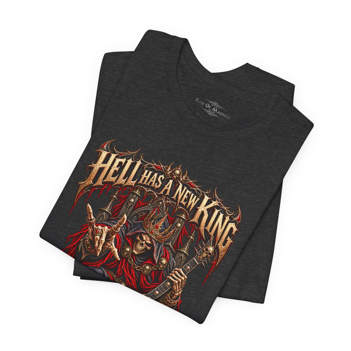 Hell Has a New King T-Shirt | Heavy Metal Skeleton Guitarist | Gothic Horror Rock Graphic Tee | Unisex Shirt