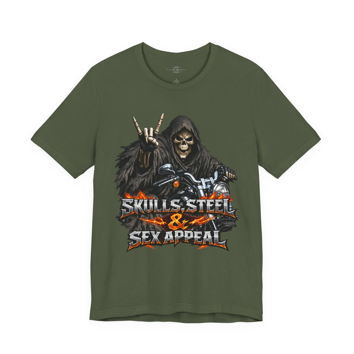 Skulls Steel & Sex Appeal Grim Reaper Biker T-Shirt | Heavy Metal Motorcycle Graphic Tee