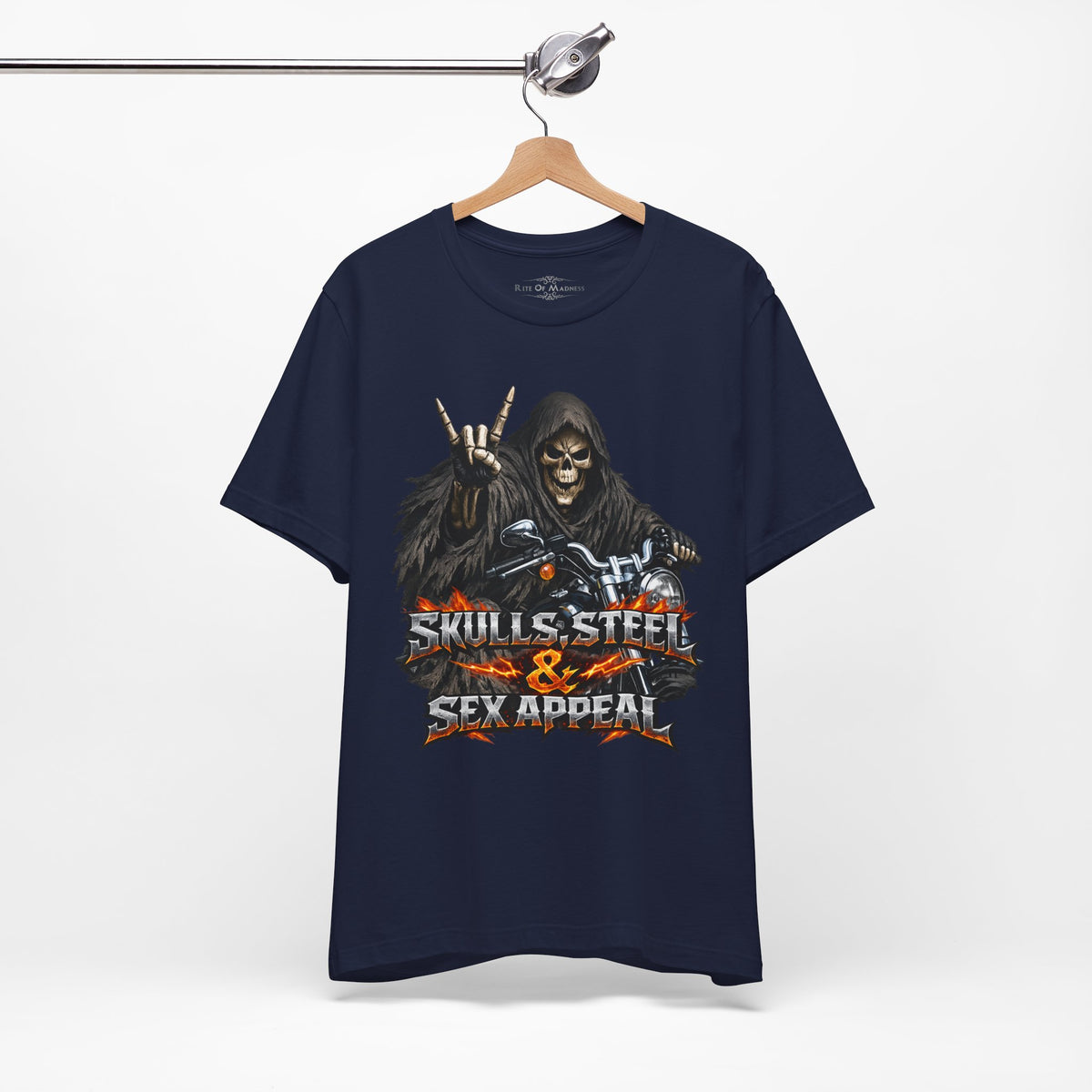 Skulls Steel & Sex Appeal Grim Reaper Biker T-Shirt | Heavy Metal Motorcycle Graphic Tee