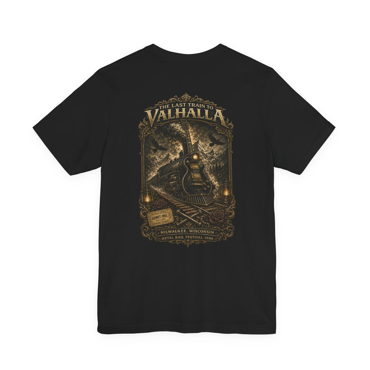 The Last Train to Valhalla Heavy Metal T-Shirt | Vintage Steam Train Guitar Graphic Tee | Front and Back Rock Shirt