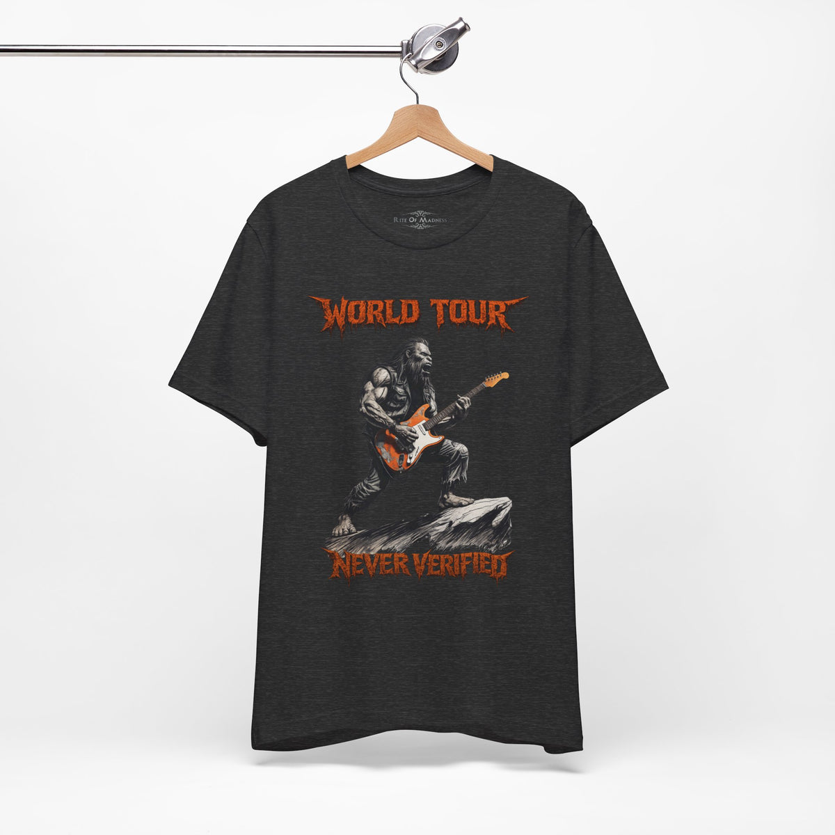 Bigfoot Rock Guitar T-Shirt | World Tour Never Verified | Sasquatch Graphic Tee