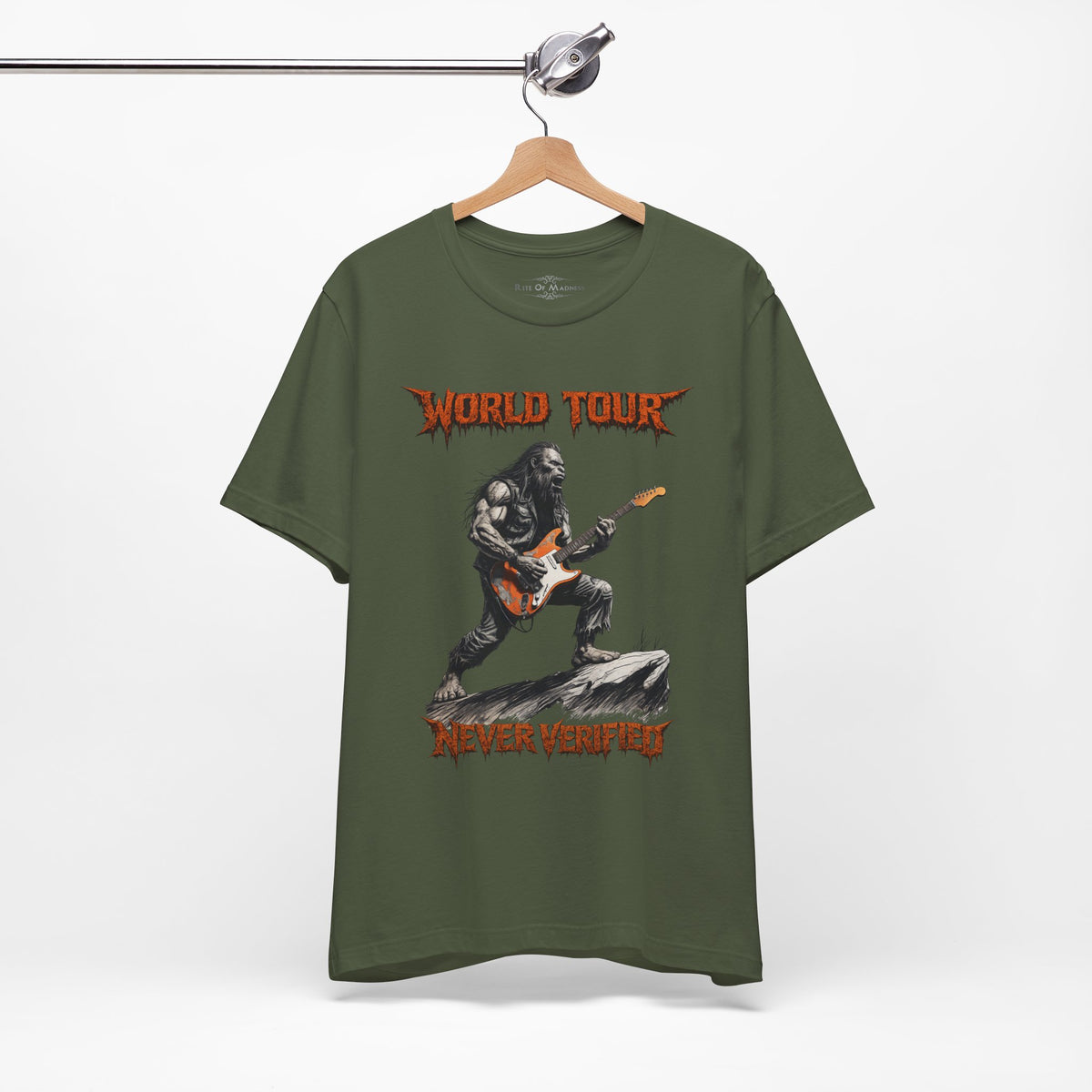 Bigfoot Rock Guitar T-Shirt | World Tour Never Verified | Sasquatch Graphic Tee