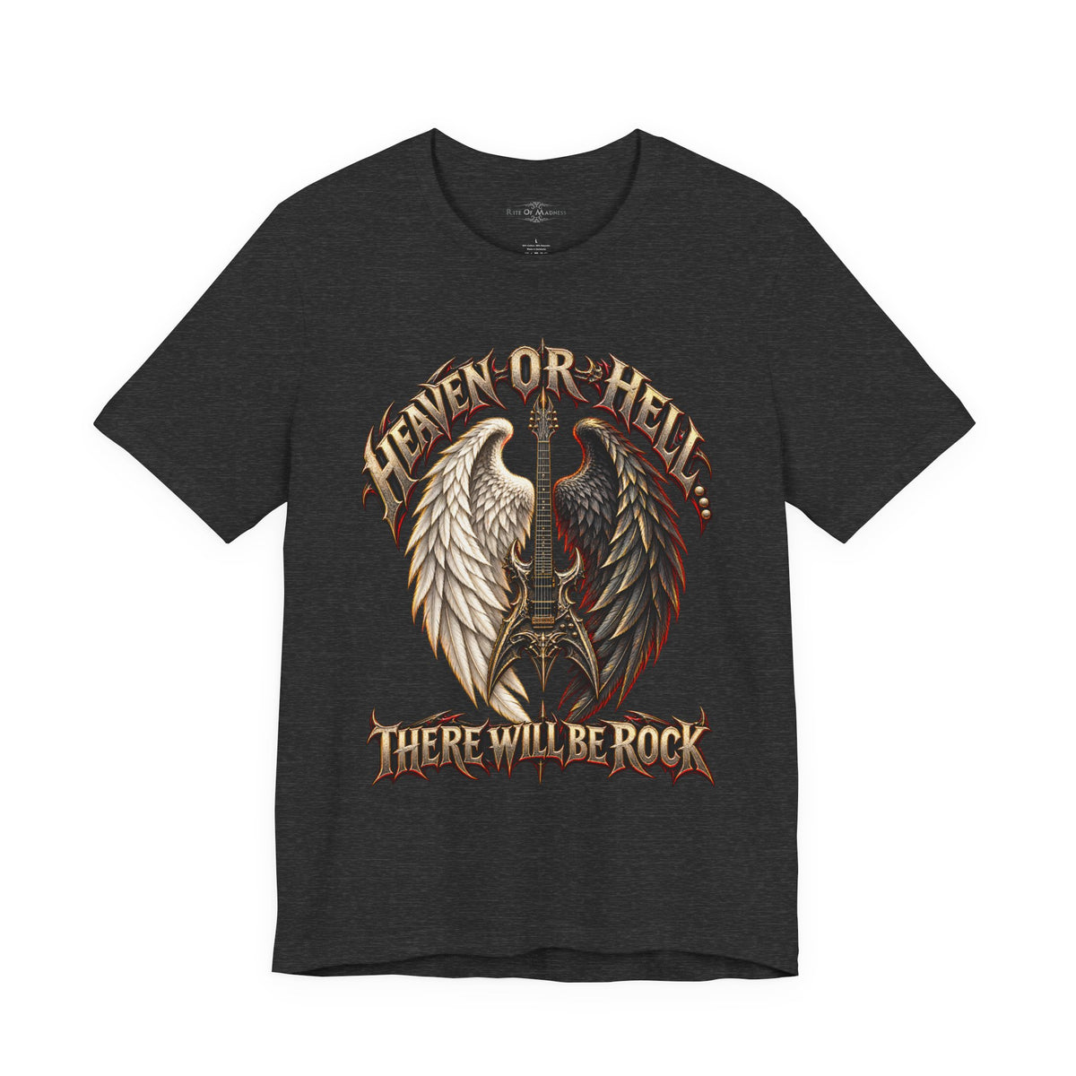 Heaven or Hell There Will Be Rock T-Shirt | Angel Wings Gothic Guitar Heavy Metal Graphic Tee
