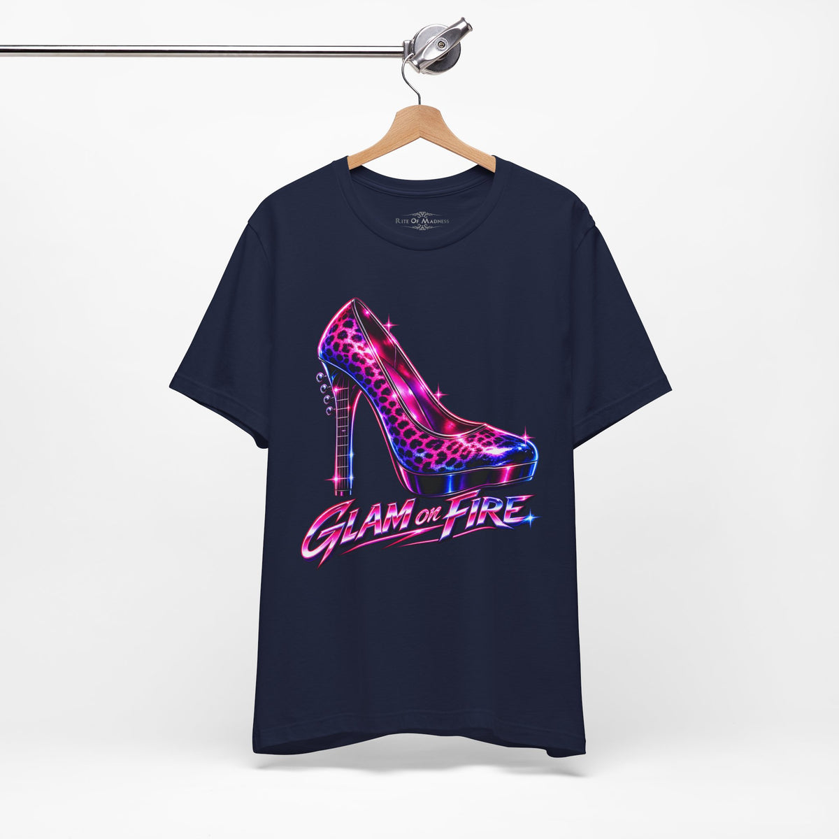 Glam on Fire | Leopard Print High Heel T-Shirt | Women's 80s Glam Rock Graphic Tee