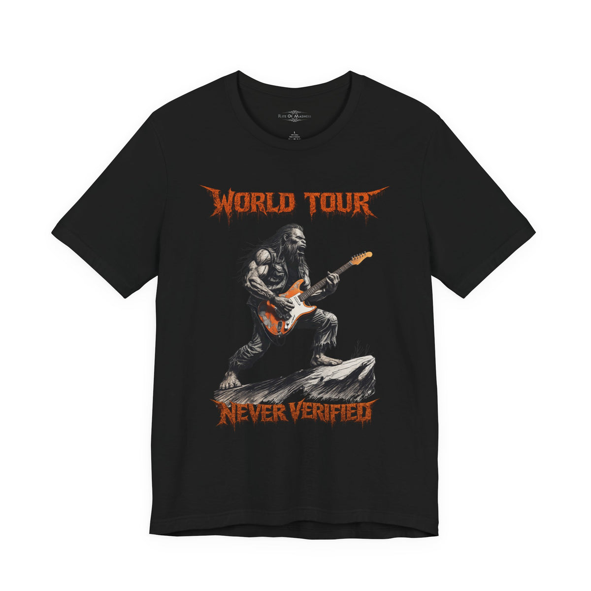 Bigfoot Rock Guitar T-Shirt | World Tour Never Verified | Sasquatch Graphic Tee