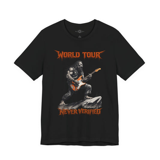 Bigfoot Rock Guitar T-Shirt | World Tour Never Verified | Sasquatch Graphic Tee