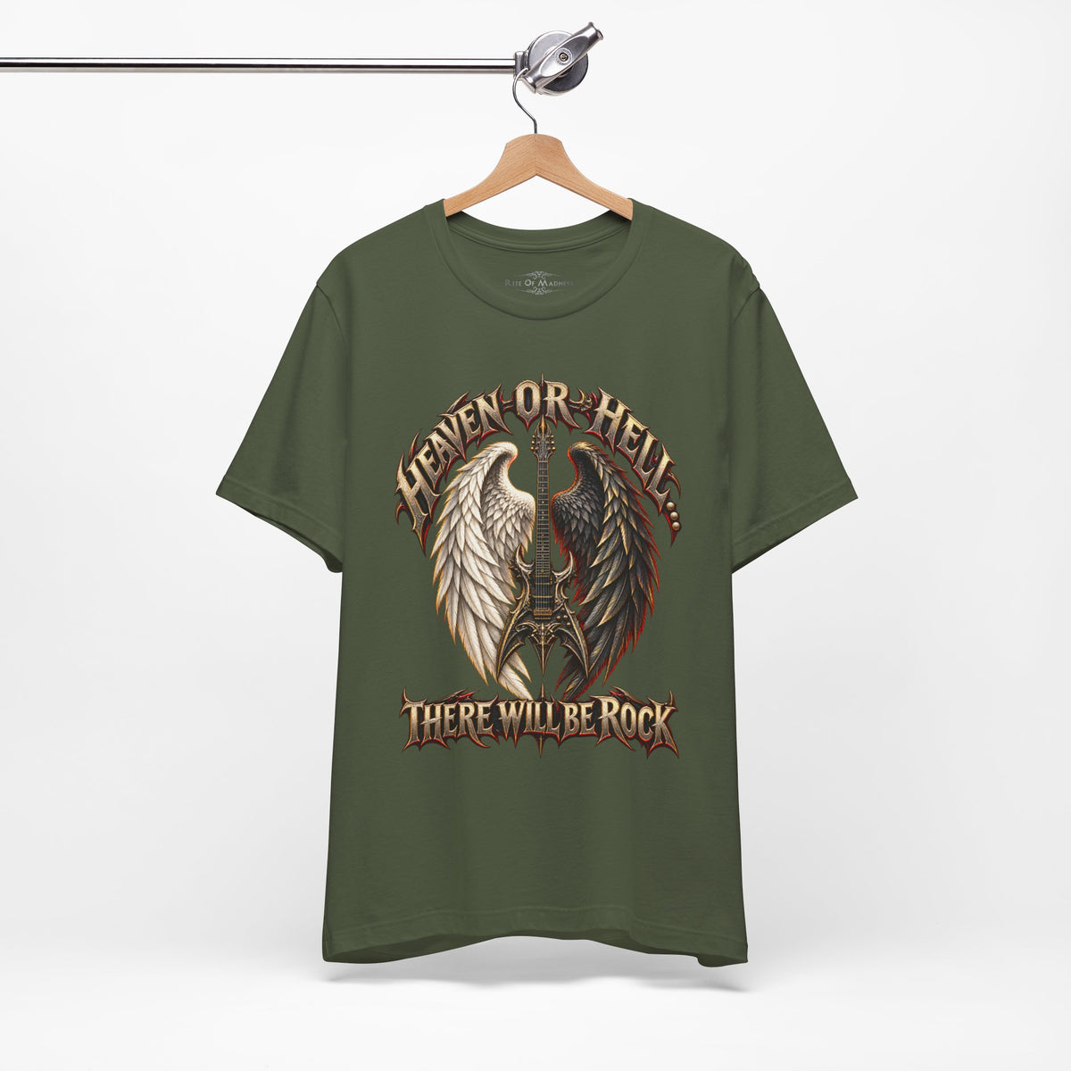 Heaven or Hell There Will Be Rock T-Shirt | Angel Wings Gothic Guitar Heavy Metal Graphic Tee