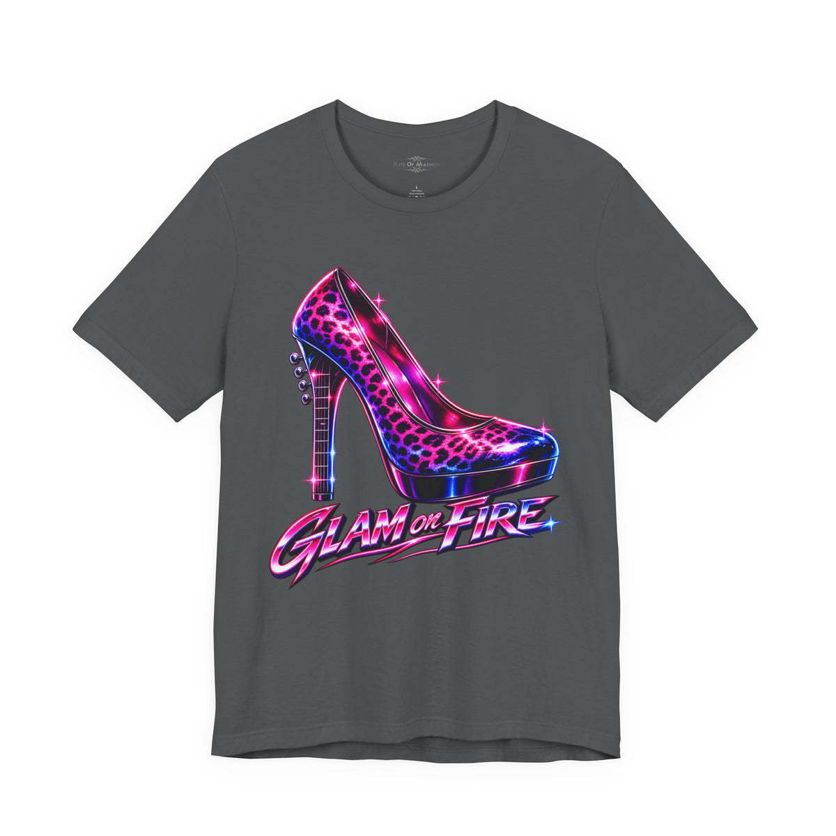 Glam on Fire | Leopard Print High Heel T-Shirt | Women's 80s Glam Rock Graphic Tee