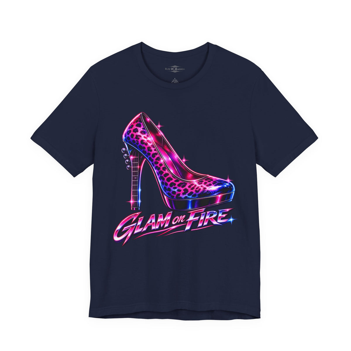 Glam on Fire | Leopard Print High Heel T-Shirt | Women's 80s Glam Rock Graphic Tee
