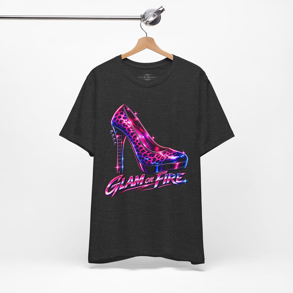 Glam on Fire | Leopard Print High Heel T-Shirt | Women's 80s Glam Rock Graphic Tee