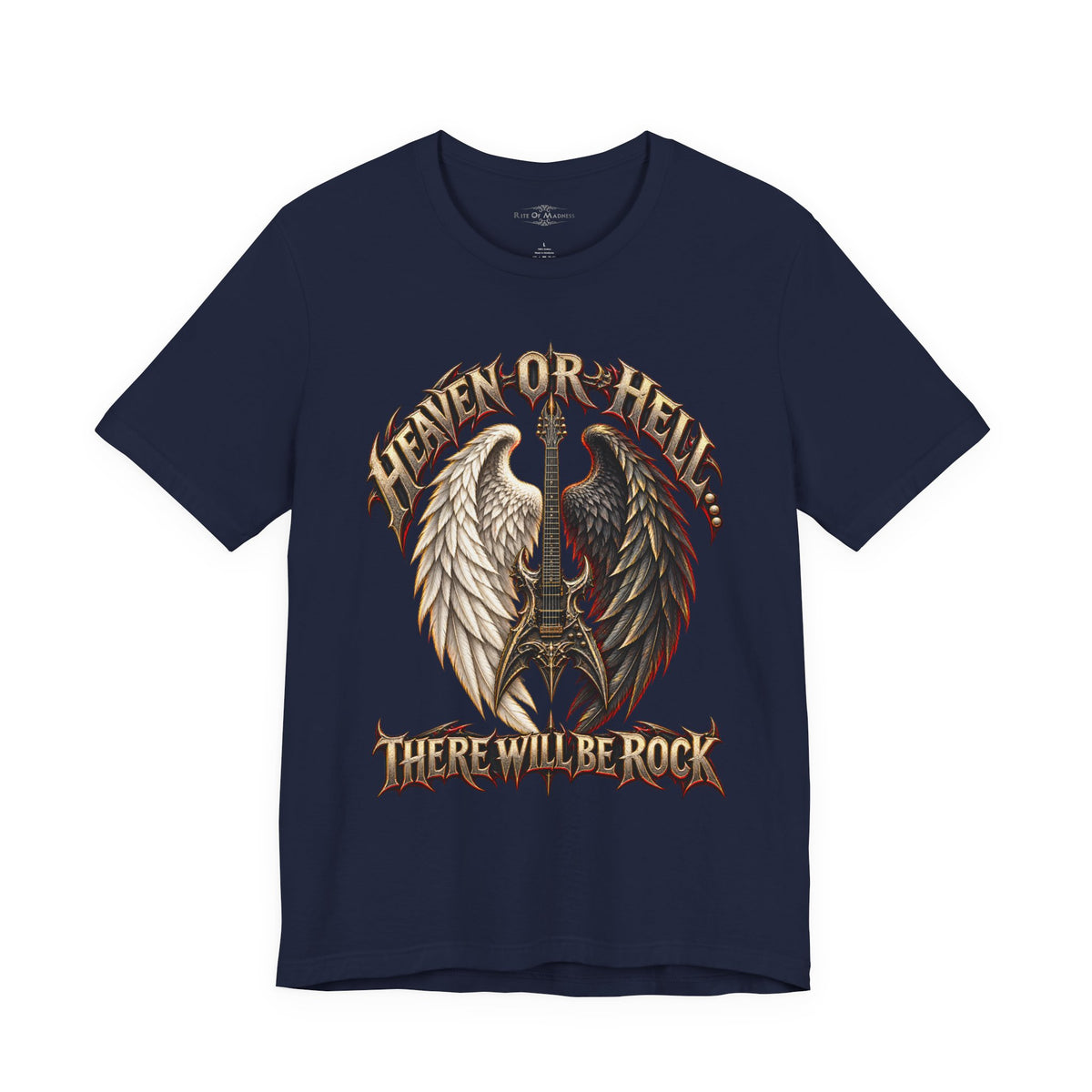 Heaven or Hell There Will Be Rock T-Shirt | Angel Wings Gothic Guitar Heavy Metal Graphic Tee