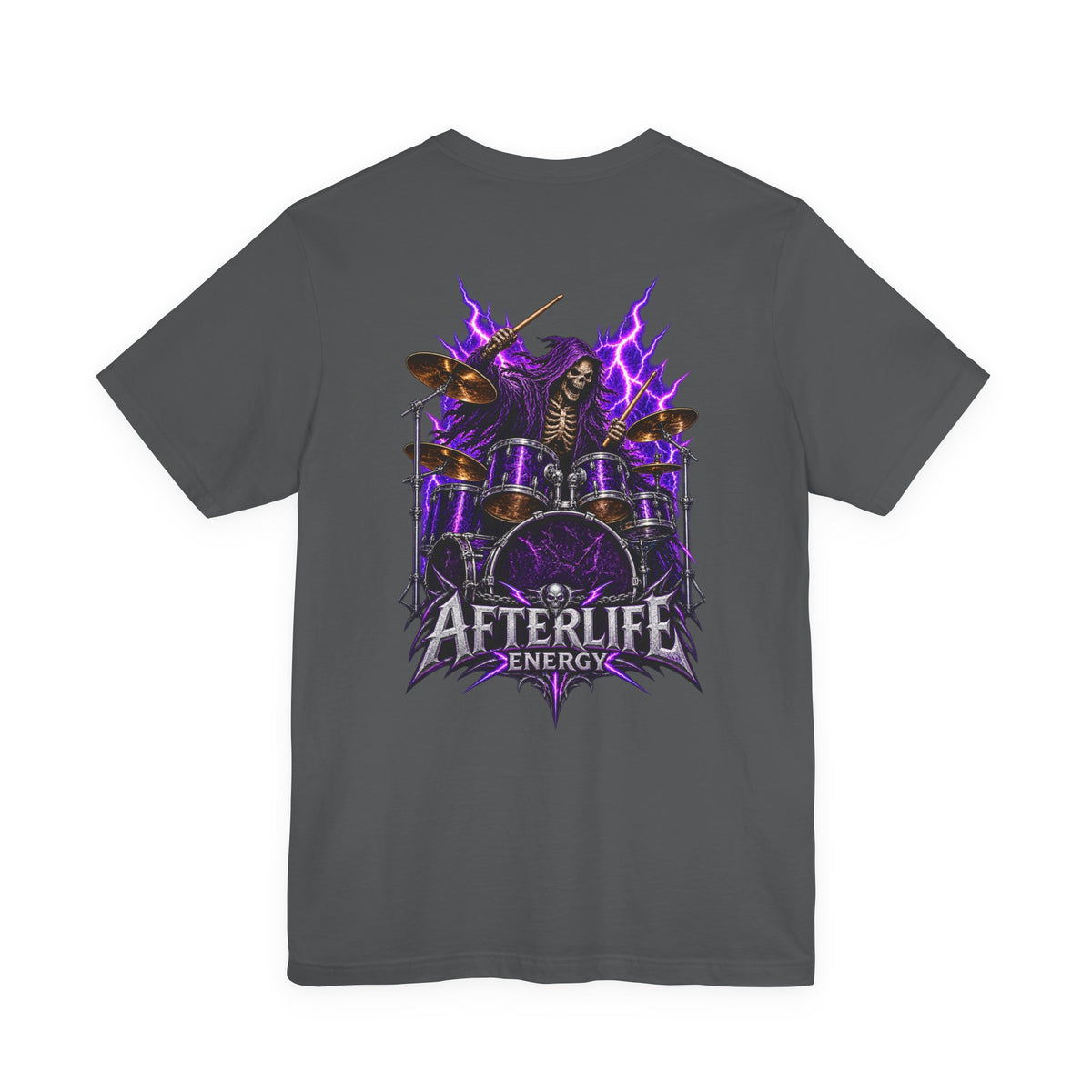Afterlife Energy | Grim Reaper Drummer T-Shirt | Heavy Metal Front & Back Graphic Tee