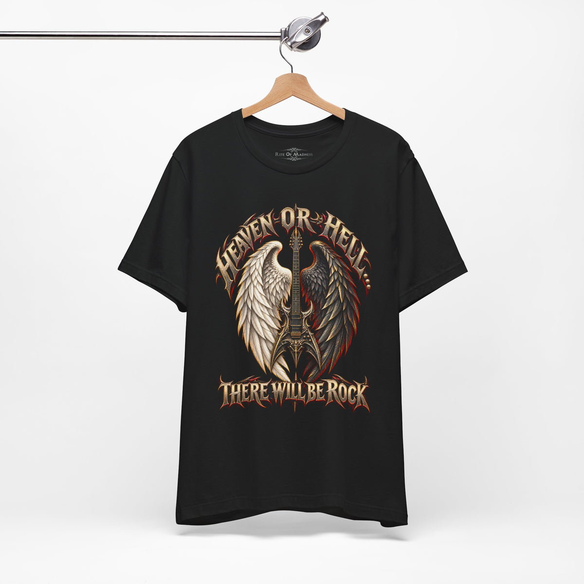 Heaven or Hell There Will Be Rock T-Shirt | Angel Wings Gothic Guitar Heavy Metal Graphic Tee