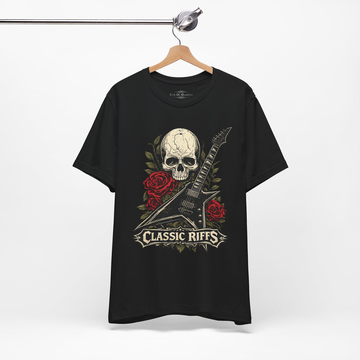 Classic Riffs | Vintage Skull & Roses Rock Guitar Graphic T-Shirt