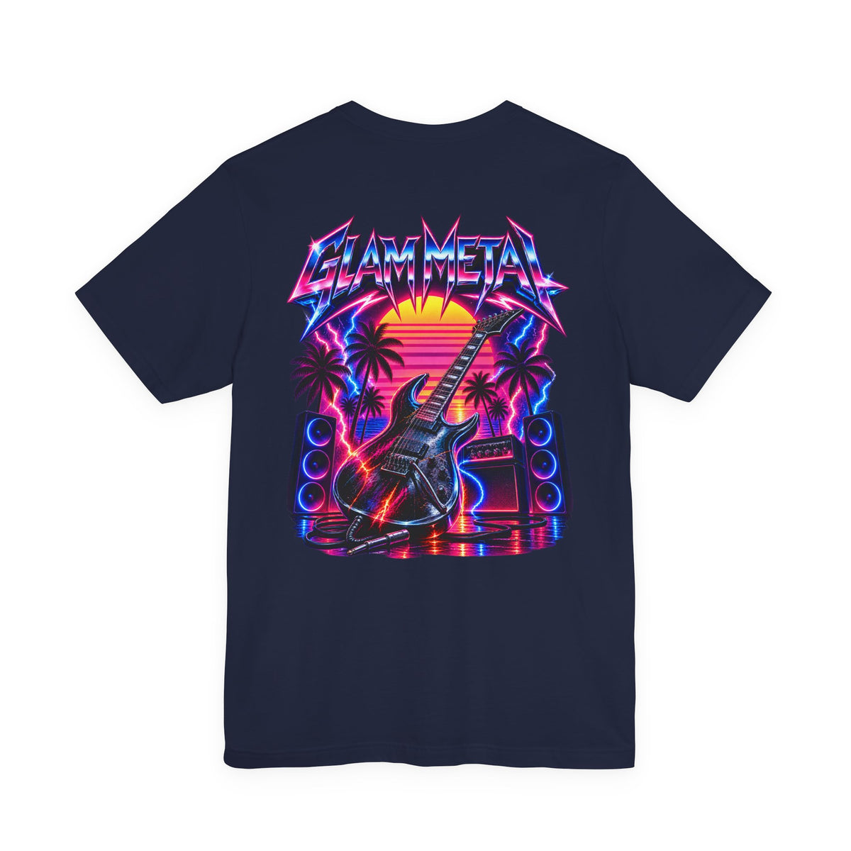 Glam Metal | Retro 80s Sunset Electric Guitar T-Shirt | Front & Back Rock Graphic Tee
