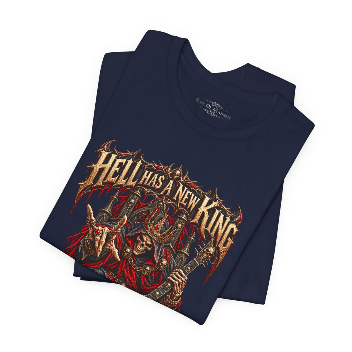 Hell Has a New King T-Shirt | Heavy Metal Skeleton Guitarist | Gothic Horror Rock Graphic Tee | Unisex Shirt