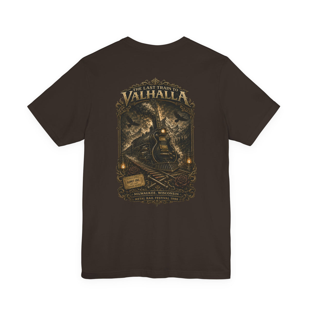 The Last Train to Valhalla Heavy Metal T-Shirt | Vintage Steam Train Guitar Graphic Tee | Front and Back Rock Shirt
