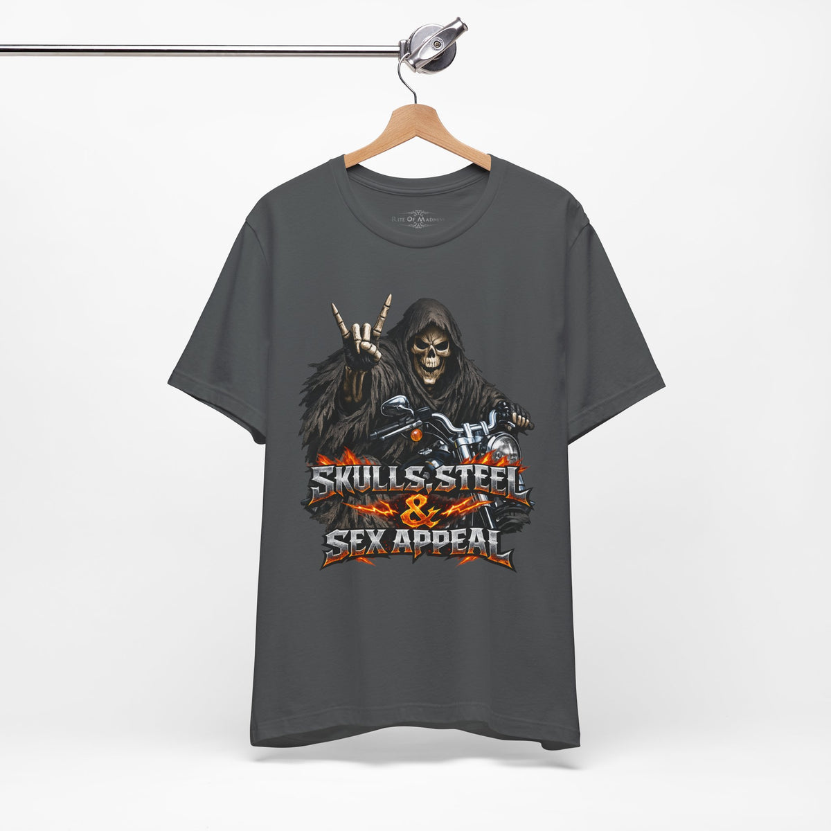Skulls Steel & Sex Appeal Grim Reaper Biker T-Shirt | Heavy Metal Motorcycle Graphic Tee