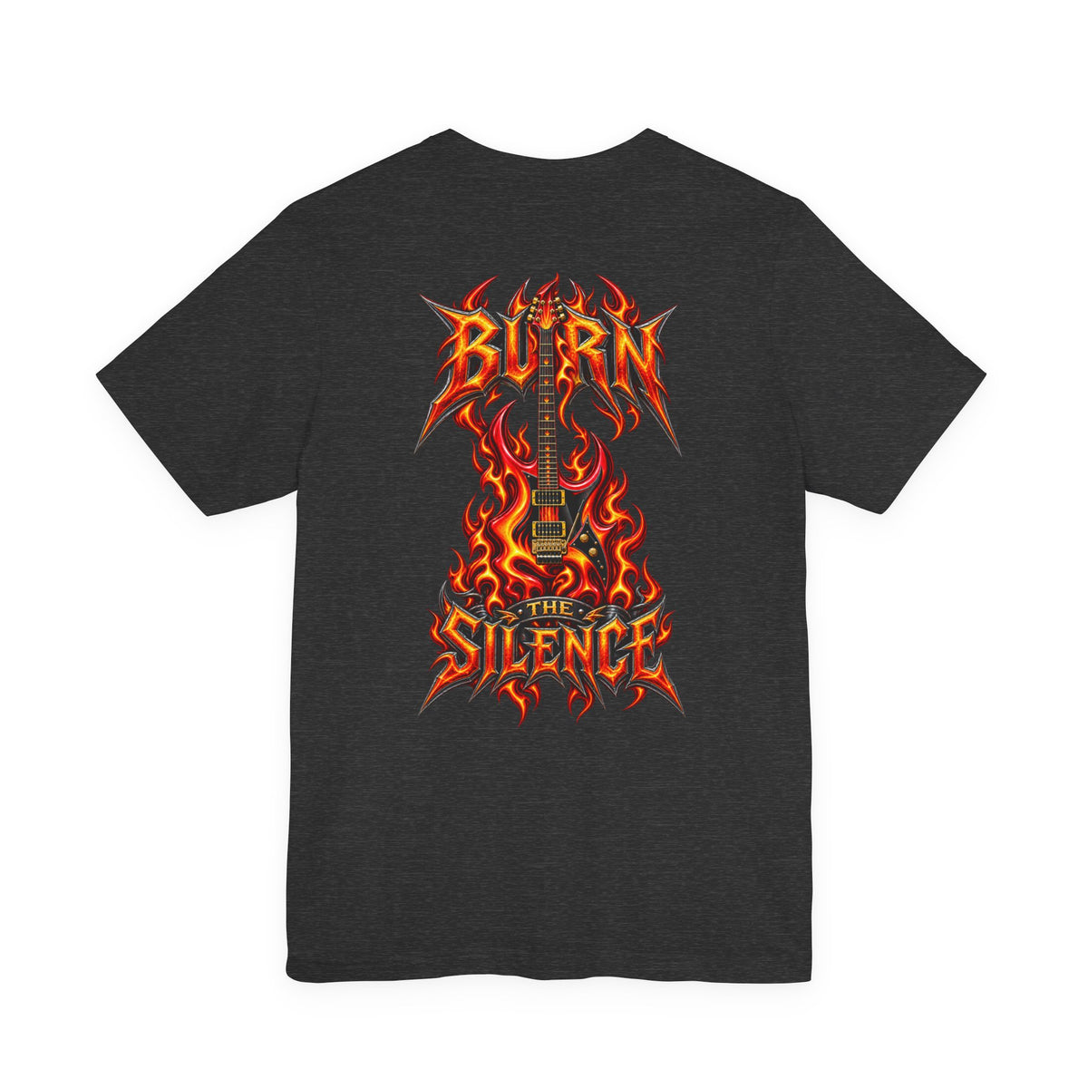 Burn the Silence | Flaming Electric Guitar Heavy Metal T-Shirt | Front & Back