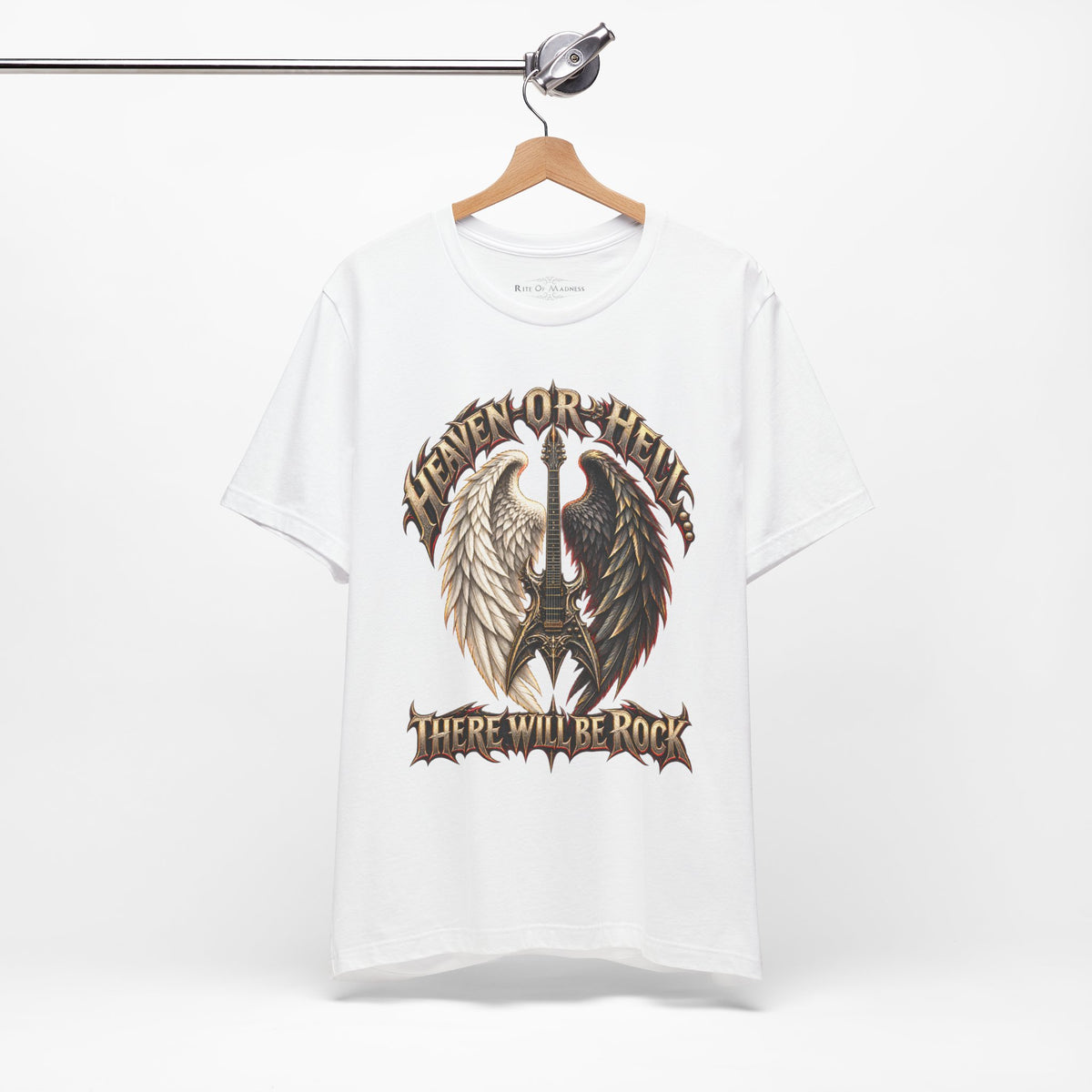 Heaven or Hell There Will Be Rock T-Shirt | Angel Wings Gothic Guitar Heavy Metal Graphic Tee