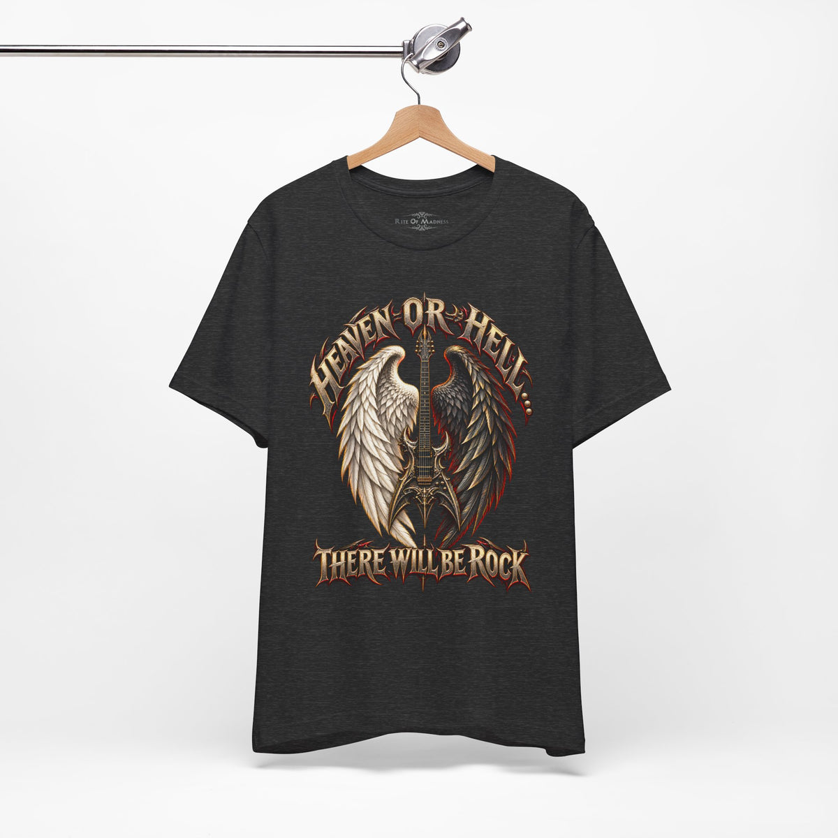 Heaven or Hell There Will Be Rock T-Shirt | Angel Wings Gothic Guitar Heavy Metal Graphic Tee