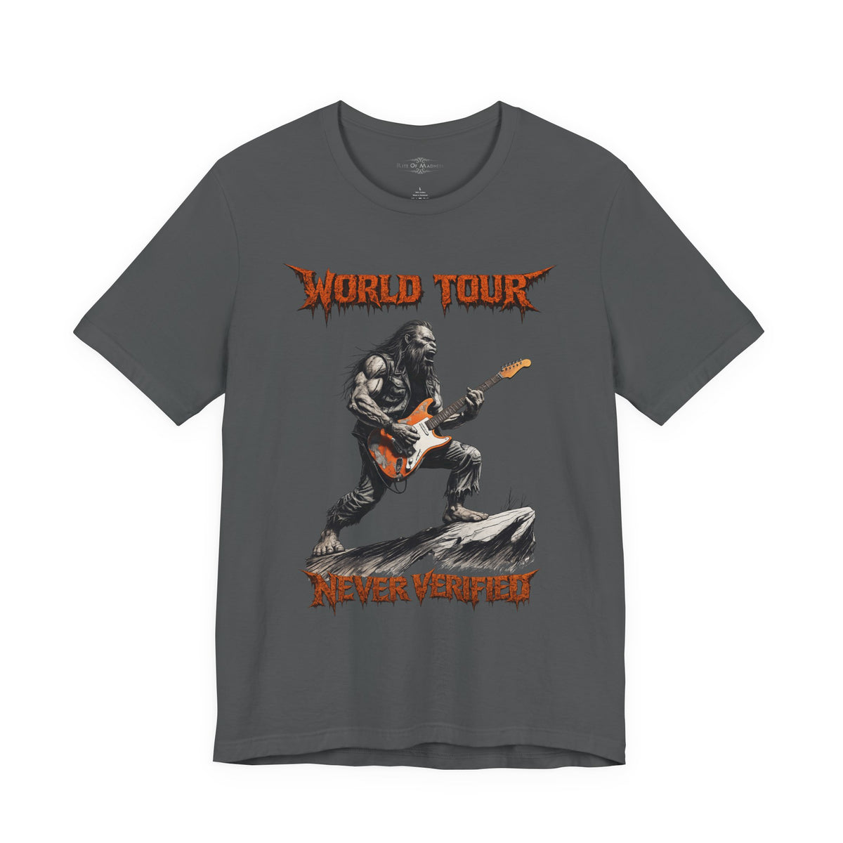 Bigfoot Rock Guitar T-Shirt | World Tour Never Verified | Sasquatch Graphic Tee