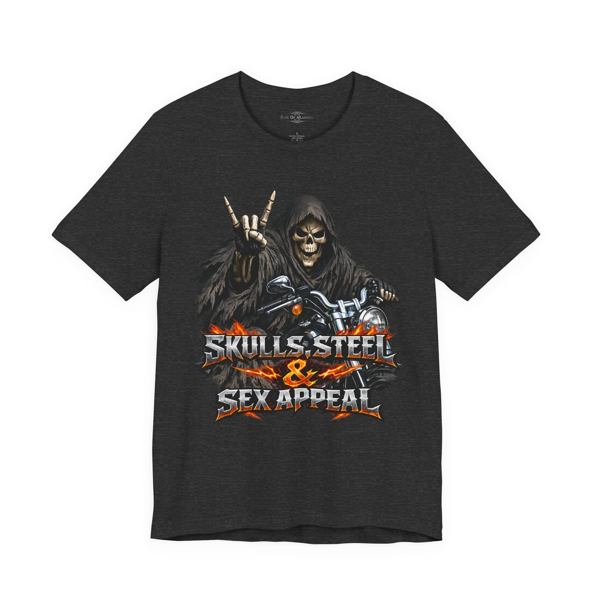 Skulls Steel & Sex Appeal Grim Reaper Biker T-Shirt | Heavy Metal Motorcycle Graphic Tee