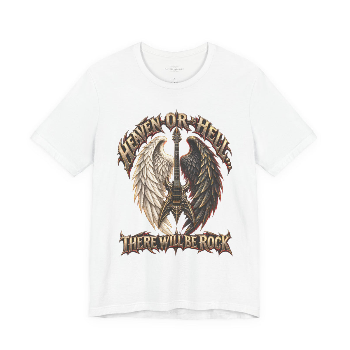 Heaven or Hell There Will Be Rock T-Shirt | Angel Wings Gothic Guitar Heavy Metal Graphic Tee