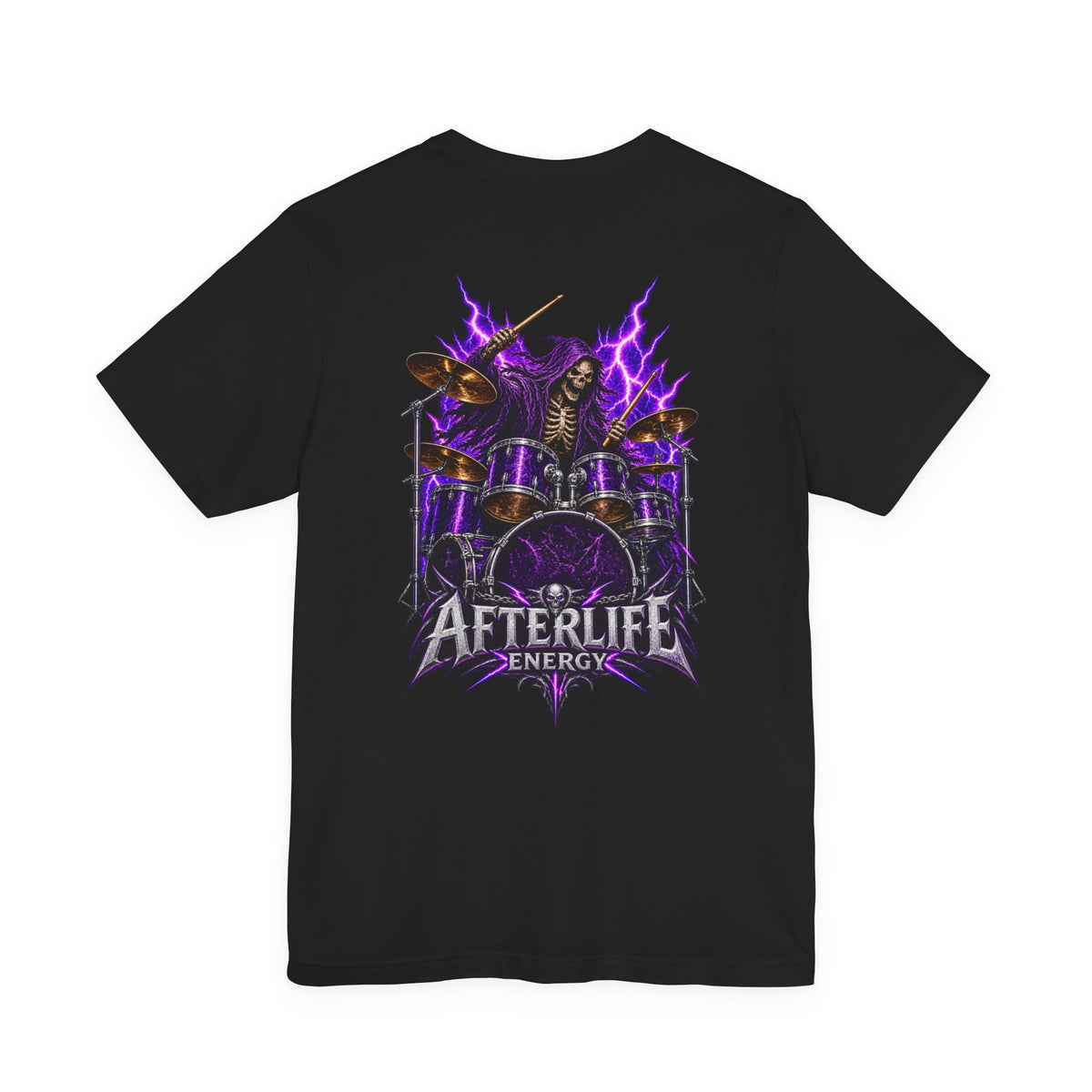 Afterlife Energy | Grim Reaper Drummer T-Shirt | Heavy Metal Front & Back Graphic Tee