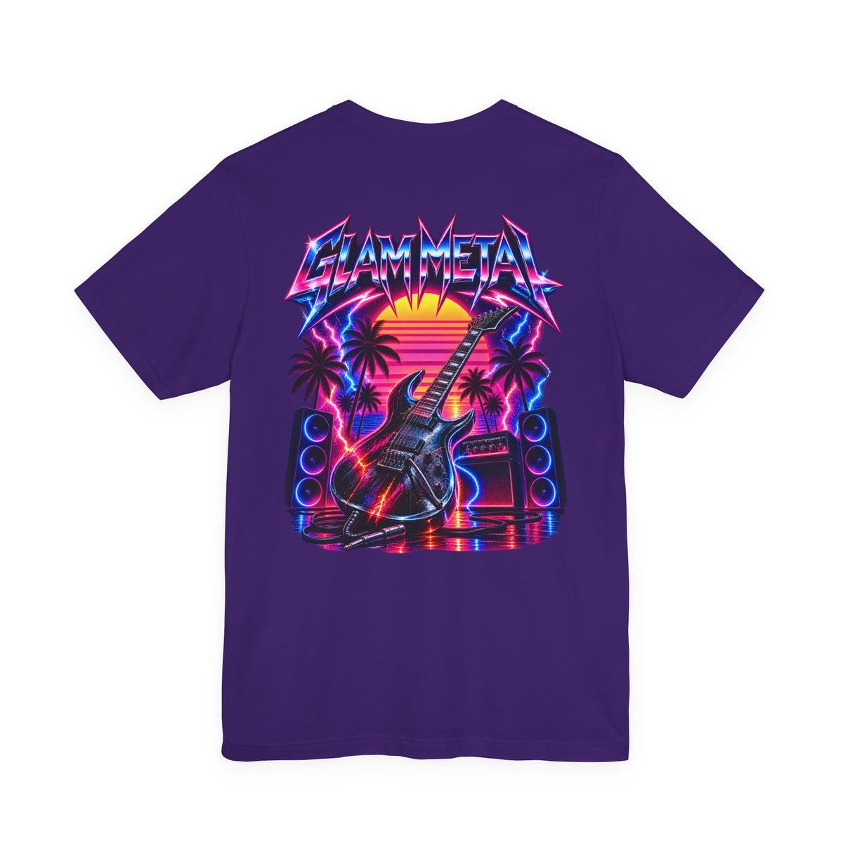 Glam Metal | Retro 80s Sunset Electric Guitar T-Shirt | Front & Back Rock Graphic Tee