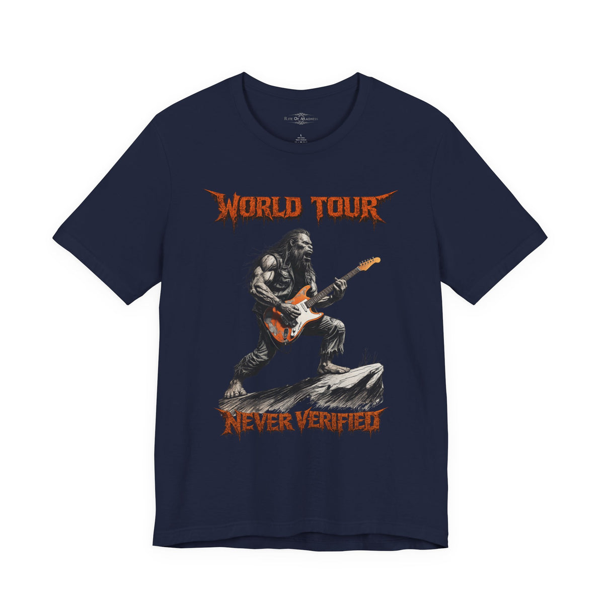 Bigfoot Rock Guitar T-Shirt | World Tour Never Verified | Sasquatch Graphic Tee